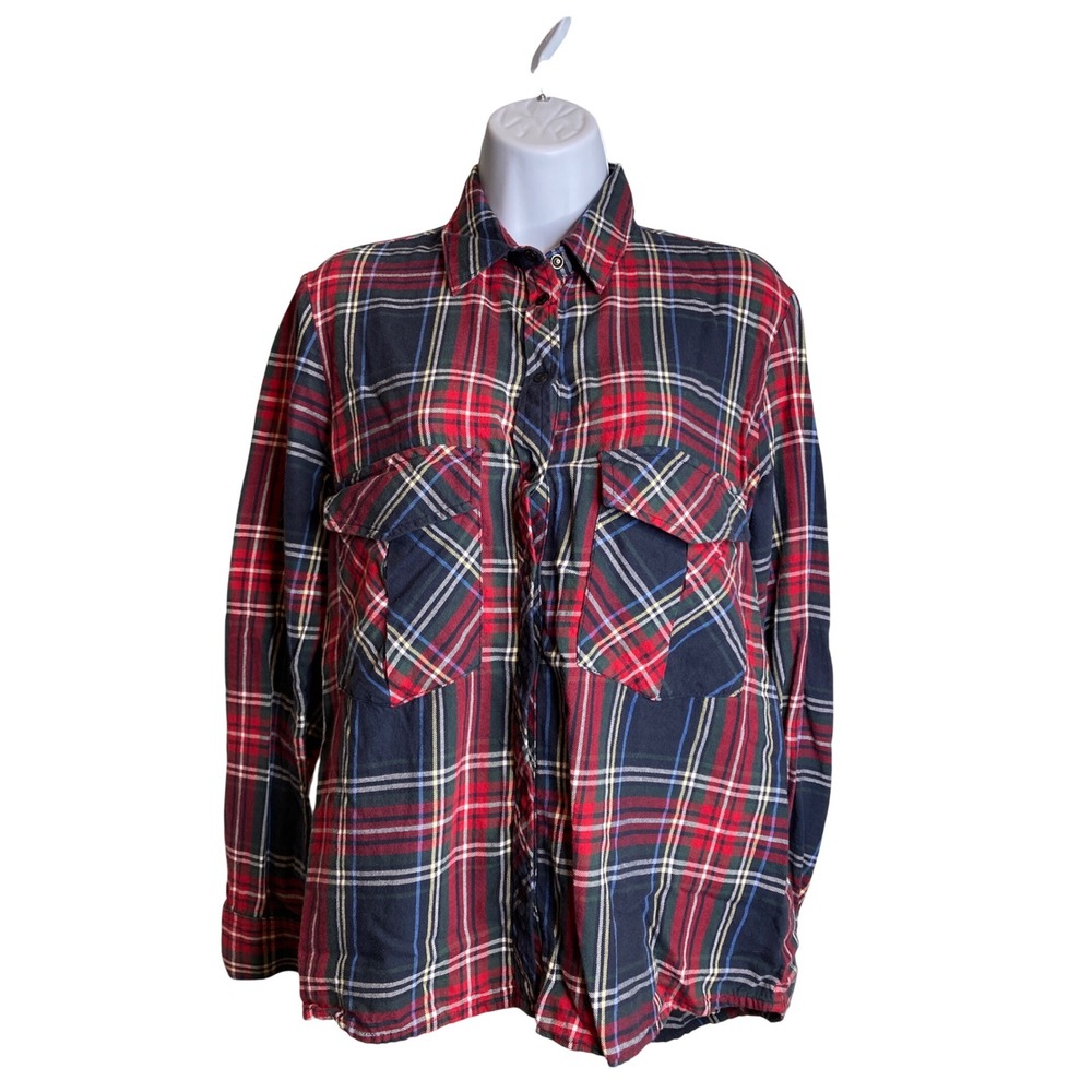 Zara Woman Plaid Flannel Shirt Sz M Button Up Red Navy Green Euro Preppy Casual